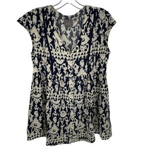 Anthropologie Vanessa Virginia Navy White Ikat Ladder Lace Tunic Top - Sz S